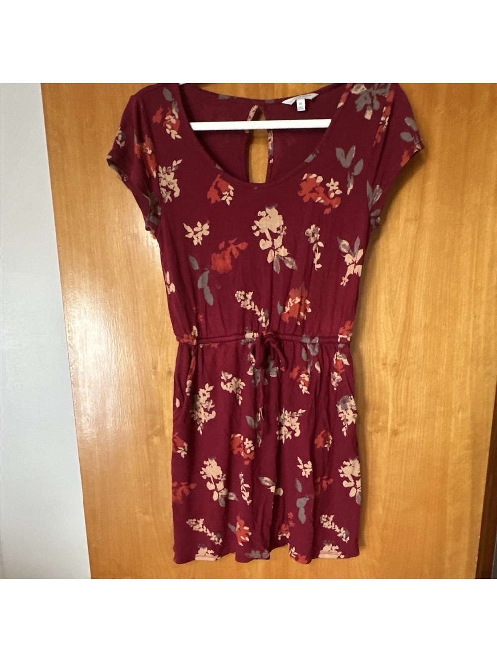 Lucky Brand Burgundy Floral Fit & Flare Scoop Neck Tie Waist Dress XS